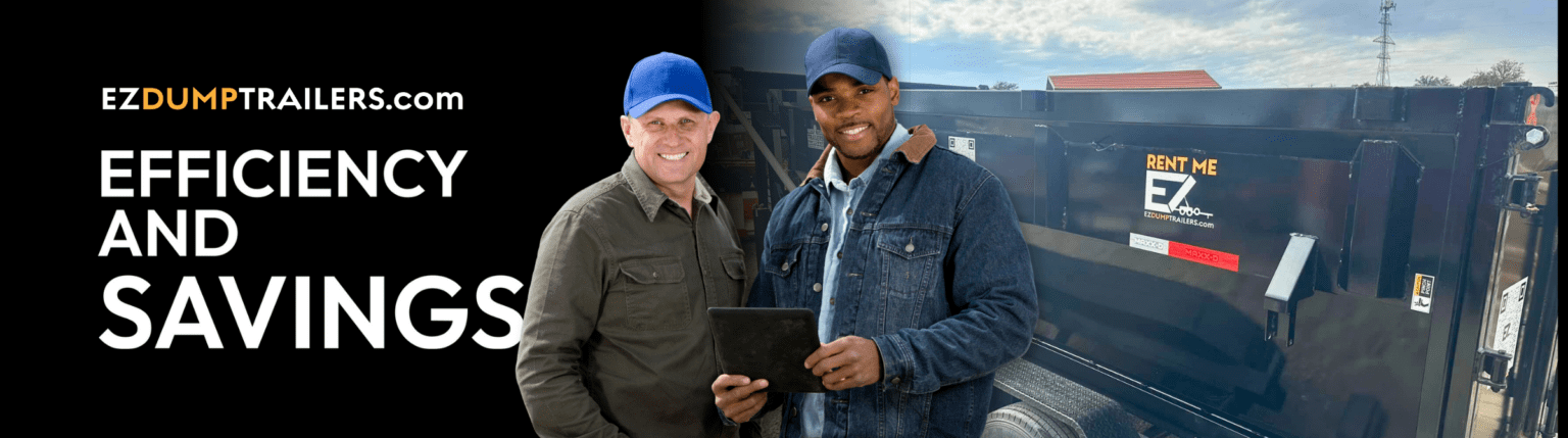 Two blue-collar workers standing in front of a dump trailer